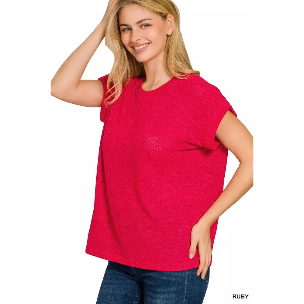 Zenana Hacci Slub Rolled Up Sleeve Tee